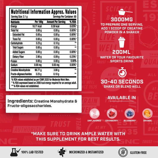 GNC Pro Performance Creatine Monohydrate ,250 Gms -83 Servings