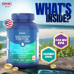 GNC Triple Strength Fish Oil - 1500 mg Fish Oil with 900 mg of highly absorbable EPA/DHA Omega-3 - 60 Softgels