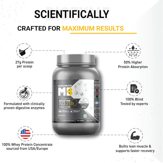MuscleBlaze Biozyme Iso-Zero Low Carb Whey Protein Isolate - 1 Kg