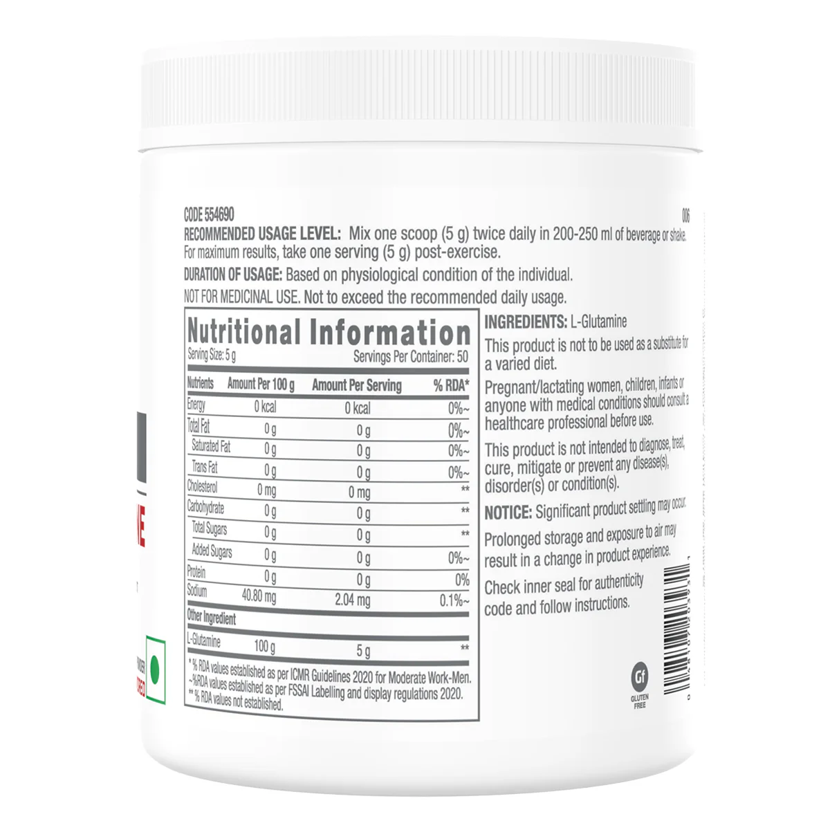 GNC Pro Performance L-Glutamine 5000 mg -  50 Servings